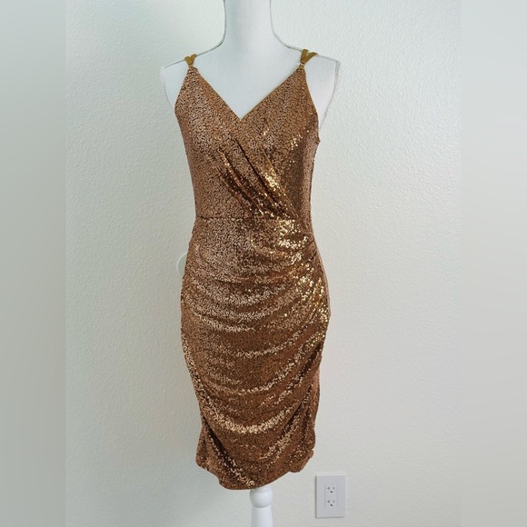 Grace Karin Elegant Ruched Wrap Sequin Gold Dress Size Medium - Picture 1 of 9